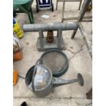 THREE VINTAGE ITEMS TO INCLUDE A GALVANISED WATERING CAN, A SIEVE AND A PARAFFIN GREENHOUSE HEATER