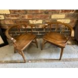 A PAIR OF ELM CHILDS CORRECTION CHAIRS MR AND MRS G F MORETON PLAQUE TO BACK OF SEAT OF ONE CHAIR