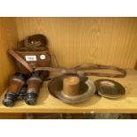 A SET OF VINTAGE DOLLAND OF LONDON BINOCULARS AND CASE AND TWO BRASS ASH TRAYS