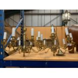 A PAIR OF HEAVY SOLID BRASS FIVE BRANCH CHANDELIERS