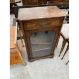 A SMALL VICTORIAN INLAID MAHOGANY CABINET WITH GLAZED DOOR AND ONE DRAWER