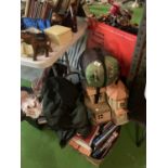 VARIOUS ITEMS TO INCLUDE A WAXED JACKET, SHOES, BOOKS, TENT, BOOKS, CANVASES ETC