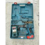 A MAKITA 8443D RECHARGEABLE HAMMER DRILL IN CASE WITH BATTERY AND CHARGER - UNIT AND BATTERY IN