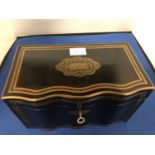 A 19TH CENTURY EBONY TEA CADDY WITH BRASS BOULE WORK INLAY AND CARTOUCHE. WITH MAHOGANY INTERIOR