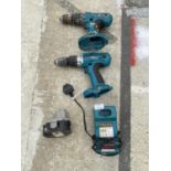 THREE MAKITA RECHARGEABLE DRILLS WITH A BATTERY AND CHARGER