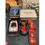 MIXED ITEMS TO INCLUDE VINTAGE FIRST AID KIT, CARS, PIN BALL MACHINE ETC.