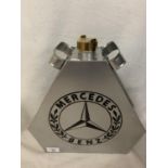 A METAL REPRODUCTION SILVER MERCEDES BENZ GARAGE MOTOR CAR PETROL CAN WITH BRASS TOP