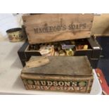 TWO VINTAGE SOAP BOXES AND A LARGE QUANTITY OF ORIGINAL SOAPS AND SOAP POWDERS