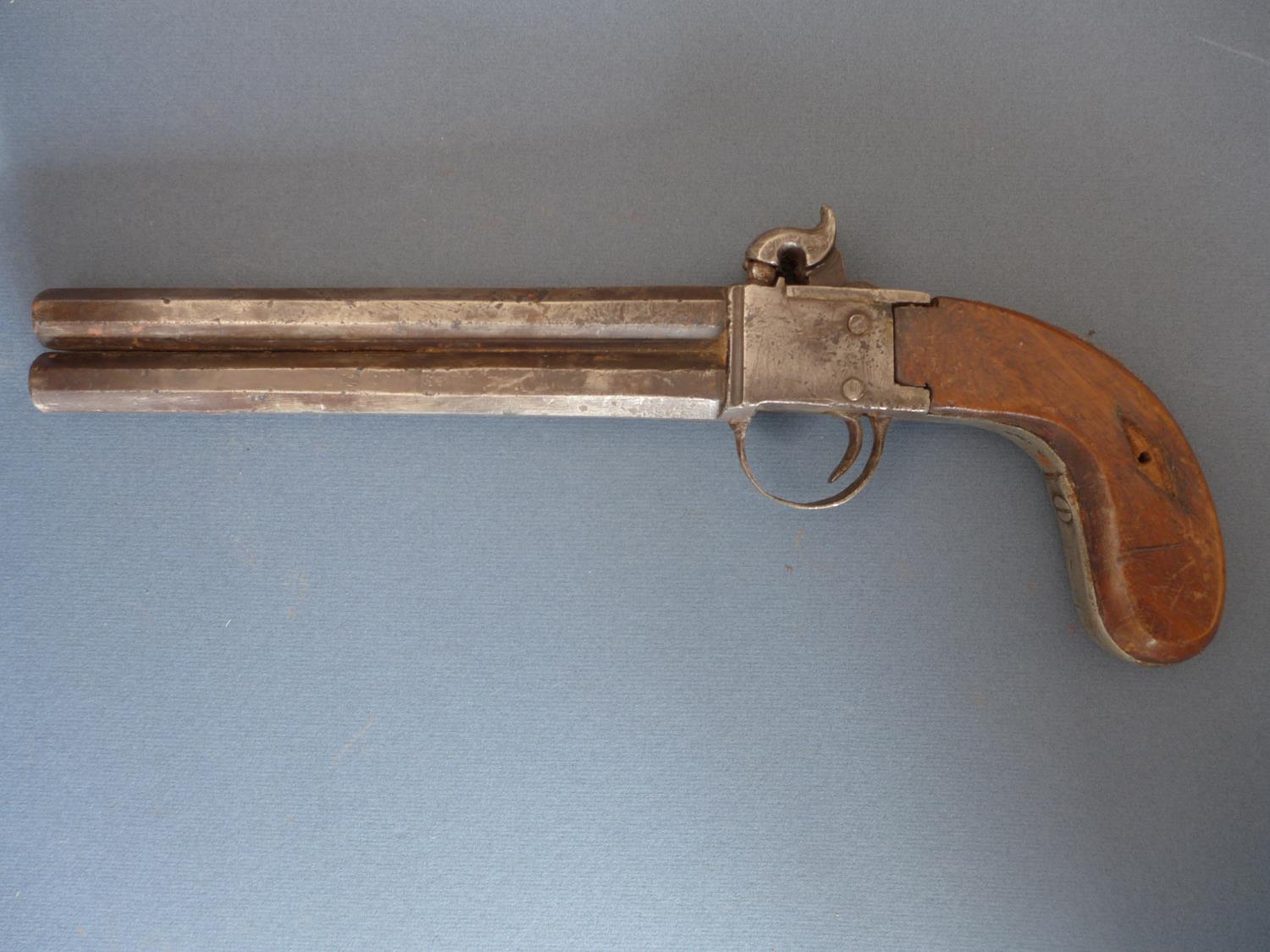 AN OVER AND UNDER PERCUSSION CAP PISTOL - 18 CM BARRELS, SINGLE TRIGGER A/F