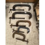FIVE LARGE G CLAMPS OF VARIOUS SIZES