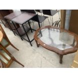 A MAHOGANY COFFEE TABLE AND TWO METAL FRAMED TABLES