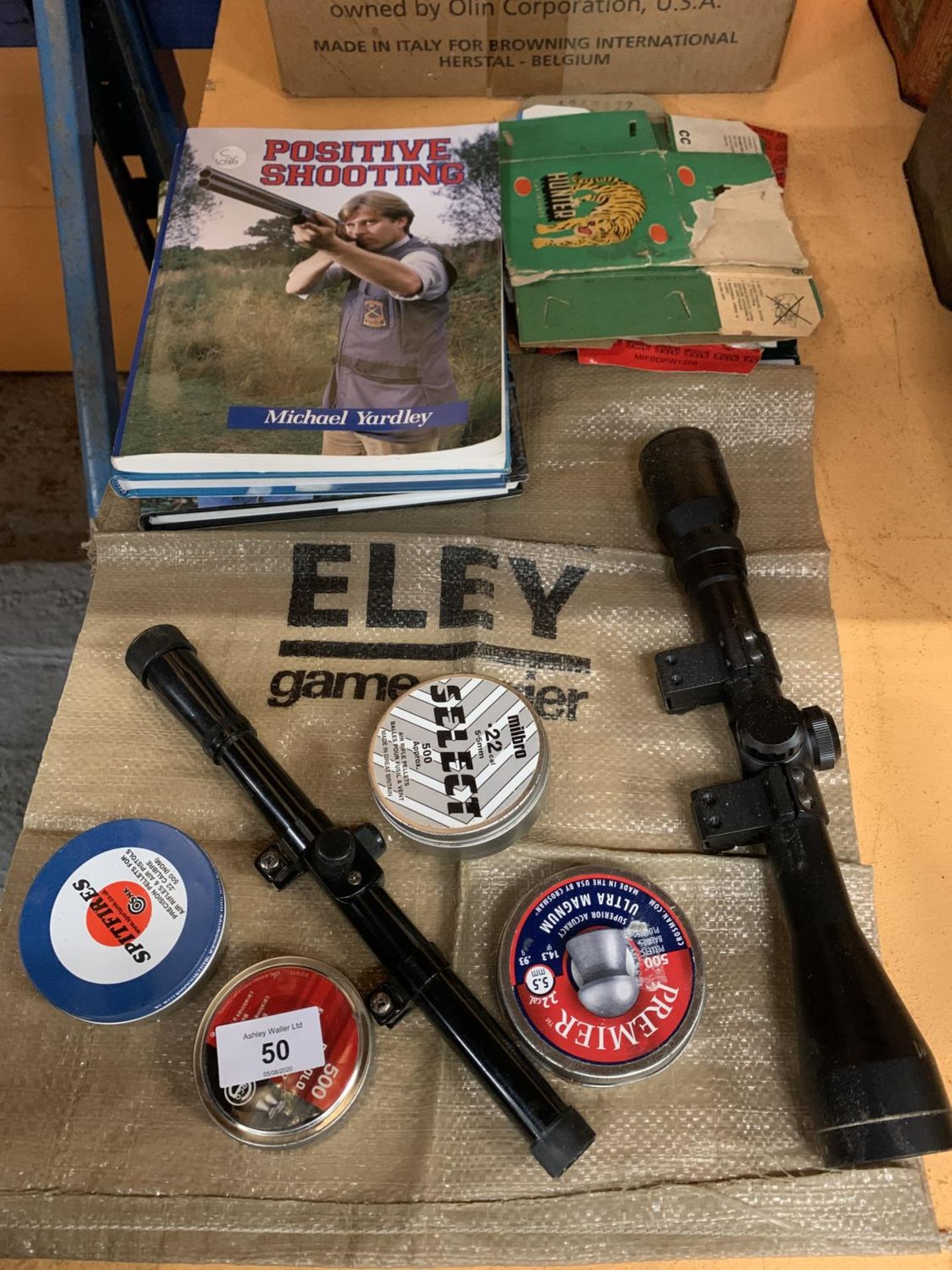 VARIOUS SHOOTING RELATED ITEMS TO INCLUDE PELLETS, GAME CARRIER, SIGHTS ETC