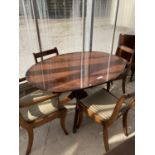 AN INLAID MAHOGANY EXTENDING DINING TABLE WITH TWO DINING CHAIRS AND TWO CARVERS