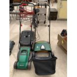 TWO ELECTRIC ITEMS TO INCLUDE A QUALCAST MOWER AND A LAWN RAKER, BOTH IN WORKING ORDER