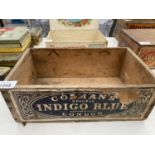 A VINTAGE "COLMAN'S INDIGO BLUE" WOODEN BOX