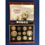 UNITED KINGDOM , 2005 PROOF SET , IN RED LEATHER CASE , WITH TWO ?NELSON? £5 CROWNS . COA PRESENT