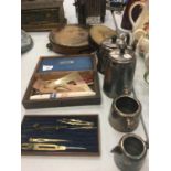 A PEWTER TEA SET, VINTAGE TAMBOURINES AND BOXED COMPASS ETC
