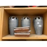THREE LARGE VASES AND BASKETS WITH CERAMIC TRAY