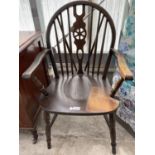 AN OAK WHEELBACK CARVER DINING CHAIR