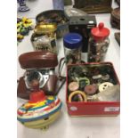 VARIOUS VINTAGE ITEMS TO INCLUDE A SPINNING TOP, CAMERA, BUTTONS, TINS ETC