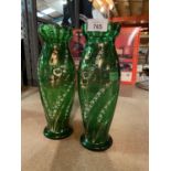A PAIR PAINTED GREEN GLASS VASES
