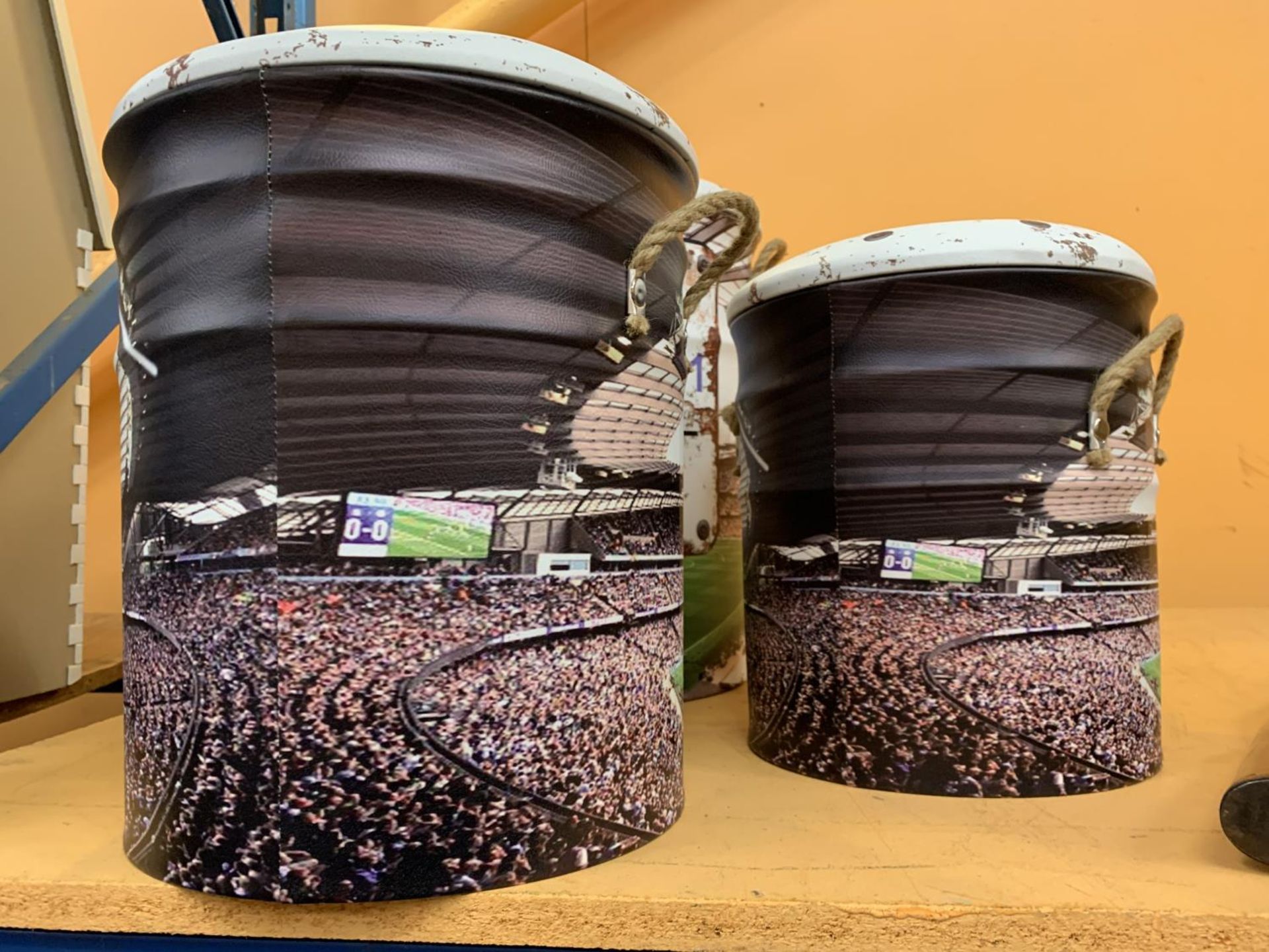 VINTAGE STYLE RETRO SET OF THREE MAN CITY ETIHAD STADIUM BAR STOOLS - STORAGE AND STACKING - Image 6 of 6