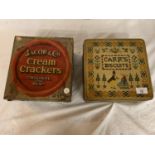 TWO ORIGINAL VINTAGE TINS TO INCLUDE JACOBS CREAM CRACKERS AND CARR'S BISCUITS