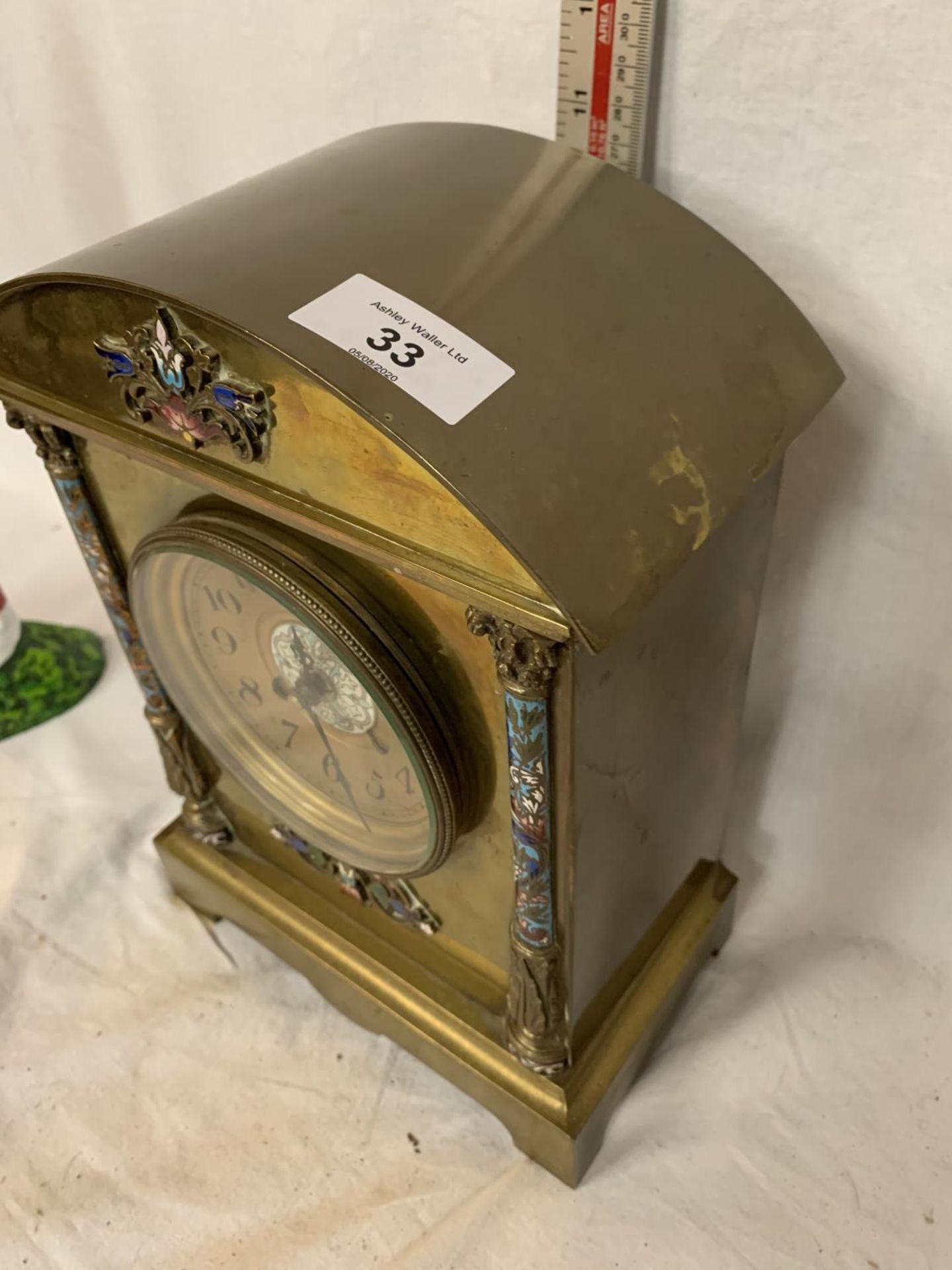 A LATE 19TH CENTURY BRASS CLOCK MOUNT AND DIAL WITH ART NOUVEAU COLOURED FLORAL ENAMEL DECORATION - Image 5 of 6