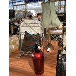 VARIOUS ITEMS TO INCLUDE A TABLE LAMP, IN WORKING ORDER, AN ANGLED CHROME MIRROR AND A SODA SYPHON