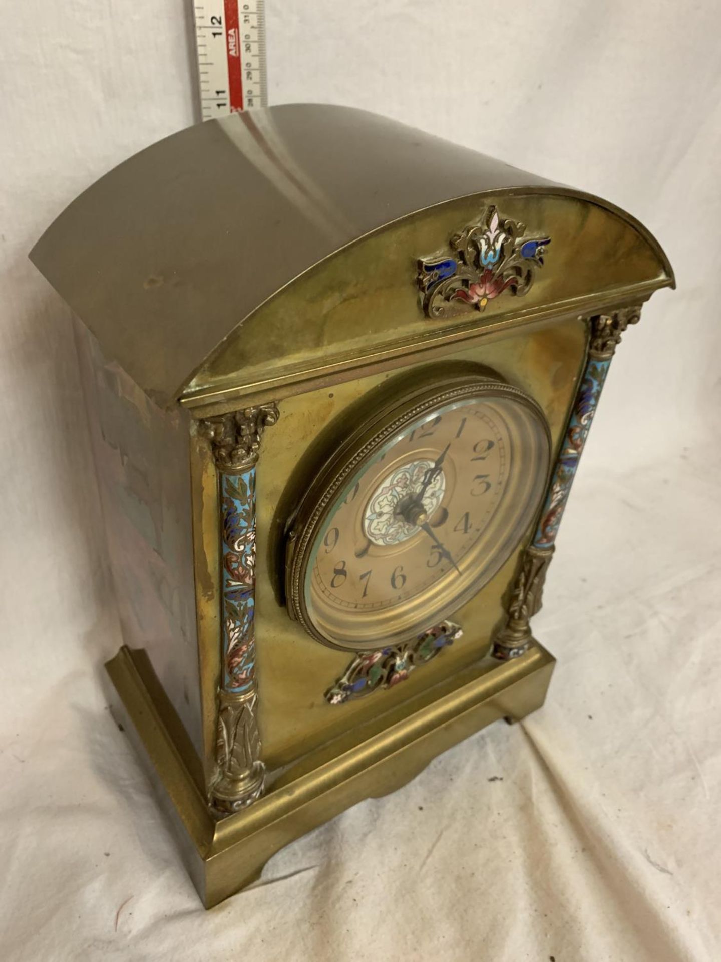 A LATE 19TH CENTURY BRASS CLOCK MOUNT AND DIAL WITH ART NOUVEAU COLOURED FLORAL ENAMEL DECORATION - Image 4 of 6