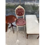 A MAHOGANY WINE TABLE, A WHITE BEDROOM CHAIR AND A MAHOGANY DRESSING STOOL