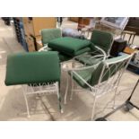 A WHITE METAL TABLE (NO TOP) AND FOUR MATCHING CHAIRS WITH CUSHION PADS