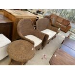 A WICKER TWO SEATER SOFA, TWO ARMCHAIRS AND TWO TABLES