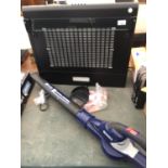 A RUSSELL HOBBS HEATER AND SPEAR AND JACKSON CORDLESS Li-ION BLOWER, NO CHARGER PACK, IN WORKING