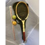 A VINTAGE SLAZENGER DEMON TENNIS RACKET IN CASE WITH BALLS