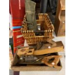 WICKER BASKET AND BOX OF VINTAGE ITEMS - INC TOOLS ETC