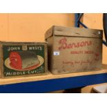 TWO ORIGINAL VINTAGE ADVERTISING BOXES TO INCLUDE A BENSONS SWEETS AND A JOHN WEST SALMON