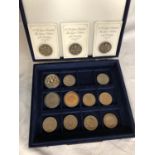 UK SELECTION OF FOURTEEN QE11 £5 COINS , HOUSED IN PLUSH , BLUE BOX