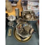 A BOX OF VARIOUS METAL ITEMS TO INCLDE BRASS AND EPNS