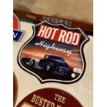 A HOT ROD HIGHWAY METAL ADVERTSING SIGN