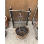 A COPPER COAL BUCKET, FIRE TONGS AND A FIREGUARD