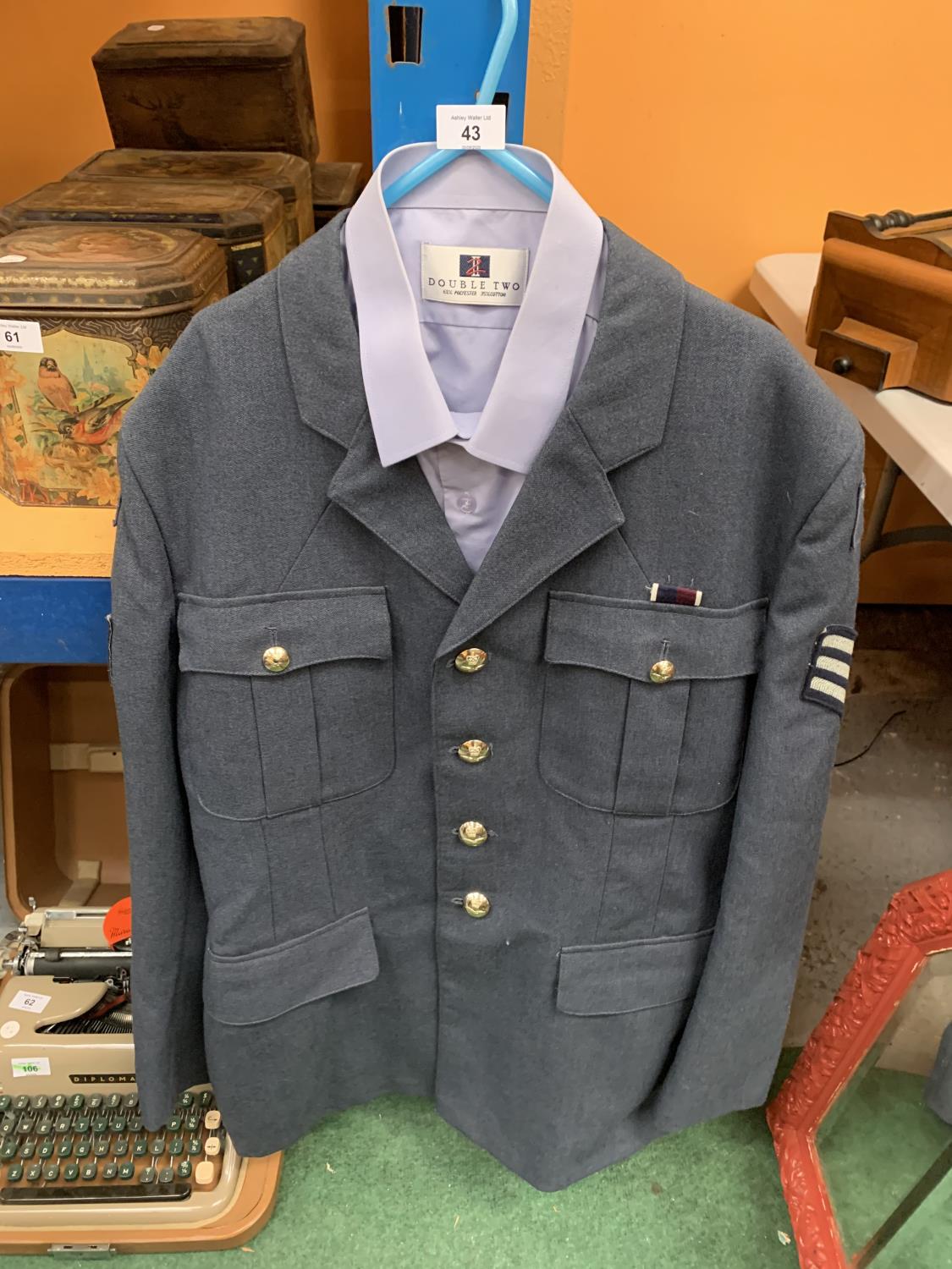 AN RAF SARGEANTS JACKET, LARGE SIZE AND TWO SHIRTS SIZE 17