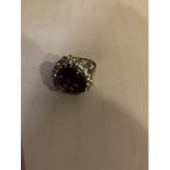 SILVER MARKED LARGE HEART SHAPED AMETHYST AND PASTE STONE CLUSTER RING SIZE R.5