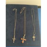 THREE SILVER CROSSES WITH CHAINS