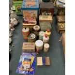 A LARGE COLLECTION ORIGINAL VINTAGE TINS, PACKETS, BOTTLES ETC