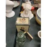 VARIOUS ITEMS TO INCLUDE VINTAGE BOTTLES, STUDIO POTTERY DOGS, TIN AND BUST