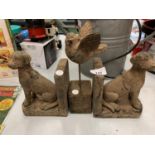 A PAIR OF ANTIQUE STONE DOG BOOK END MODELS 20CM AND A SMALL STONE BIRD ON A BASE