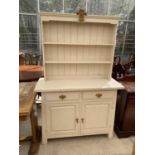A PAINTED DRESSER WITH TWO DOORS, TWO DRAWERS AND UPPER PLATE RACK