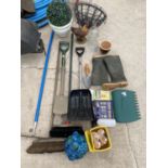 VARIOUS GARDENING ITEMS - SPADE, RAKE, BRUSHES, HANGING BASKETS ETC