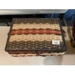 A 1050'S WOVEN COLOURFUL SEWING BOX
